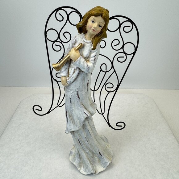 Vintage Rustic White Christmas Angel Figurine With Metal Wings Gold Trumpet 11" - Picture 1 of 10
